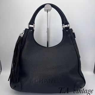 シャネル(CHANEL)の美品！シャネル　フリンジ　レザー　ハンドバッグ　ブラック(ハンドバッグ)