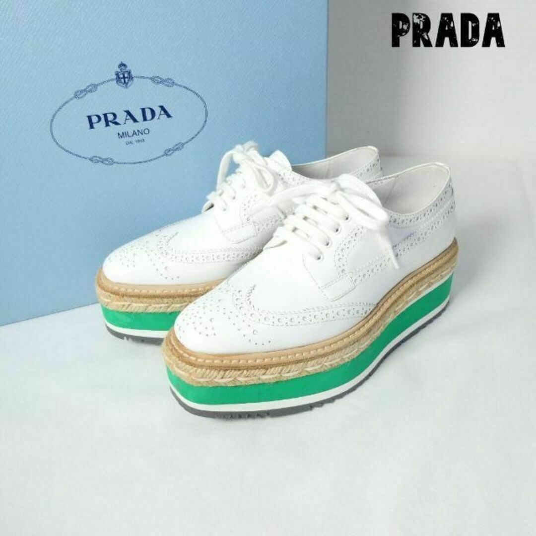 美品 PRADA エナメル ウイングチップ 厚底 ドレスシューズ