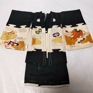 市松人形用 男の子 着物 羽織り 総刺繍 手刺繍 小槌 巻物 金雲 黒白 金糸(人形)