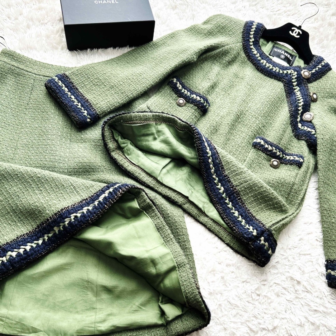 美品　CHANELシャネル　パール　ロープ　編込グリーン　ツイード　スーツ　上海約センチスカートウエスト幅