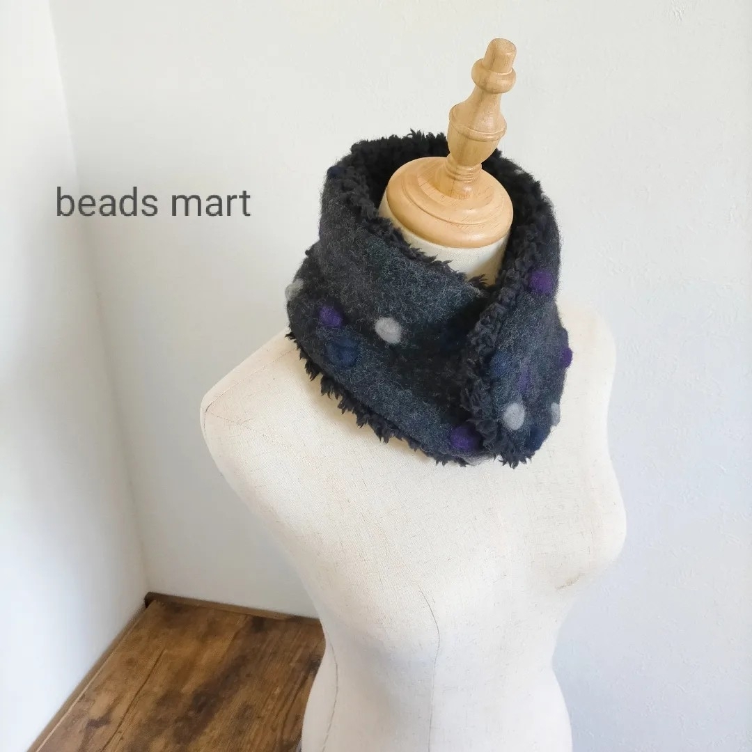 beads mart ハンドメイド マフラー RAドット 水玉 DGY×BK レディースのファッション小物(マフラー/ショール)の商品写真