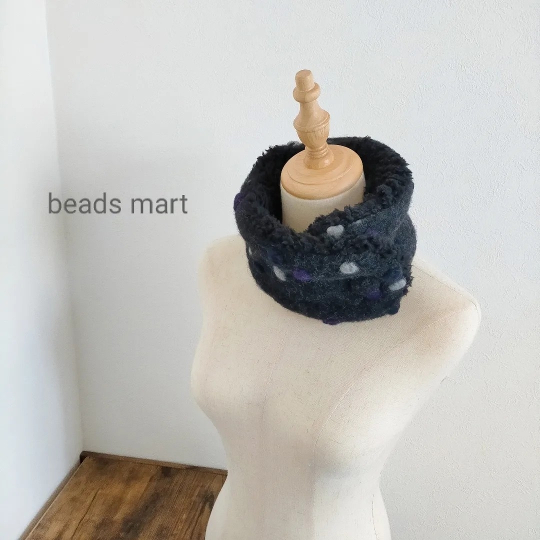 beads mart ハンドメイド マフラー RAドット 水玉 DGY×BK レディースのファッション小物(マフラー/ショール)の商品写真