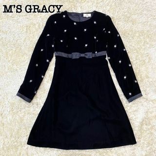 エムズグレイシー(M'S GRACY)の美品✨ M’S GRACY エムズグレイシー ワンピース 花柄 ベロア リボン(ひざ丈ワンピース)