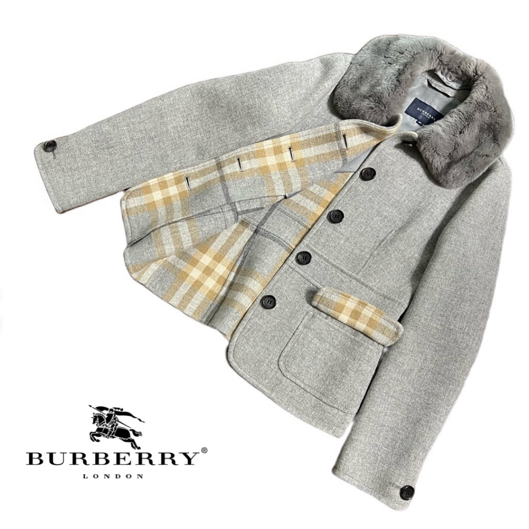 BURBERRY(バーバリー)の【美品】BURBERRY カシミア混ラビットファーコートグレー★レディース ML レディースのジャケット/アウター(毛皮/ファーコート)の商品写真