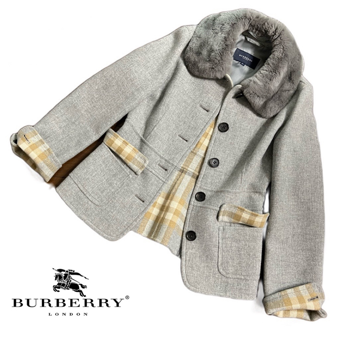 BURBERRY(バーバリー)の【美品】BURBERRY カシミア混ラビットファーコートグレー★レディース ML レディースのジャケット/アウター(毛皮/ファーコート)の商品写真