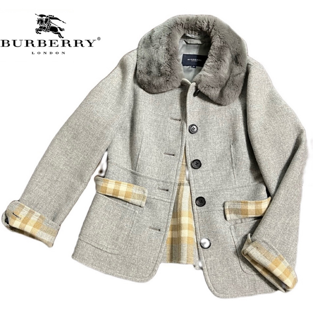 BURBERRY(バーバリー)の【美品】BURBERRY カシミア混ラビットファーコートグレー★レディース ML レディースのジャケット/アウター(毛皮/ファーコート)の商品写真