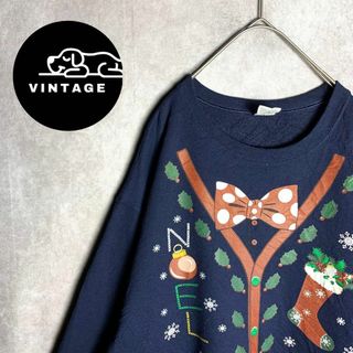 N【スウェット　Xmasデザイン　サンタ　ツリー　冬　紺　赤　緑　白　古着】(スウェット)