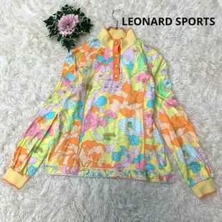 LEONARD レオナール ロングワンピース 綿 L 総柄 トリム ロゴ 白黒