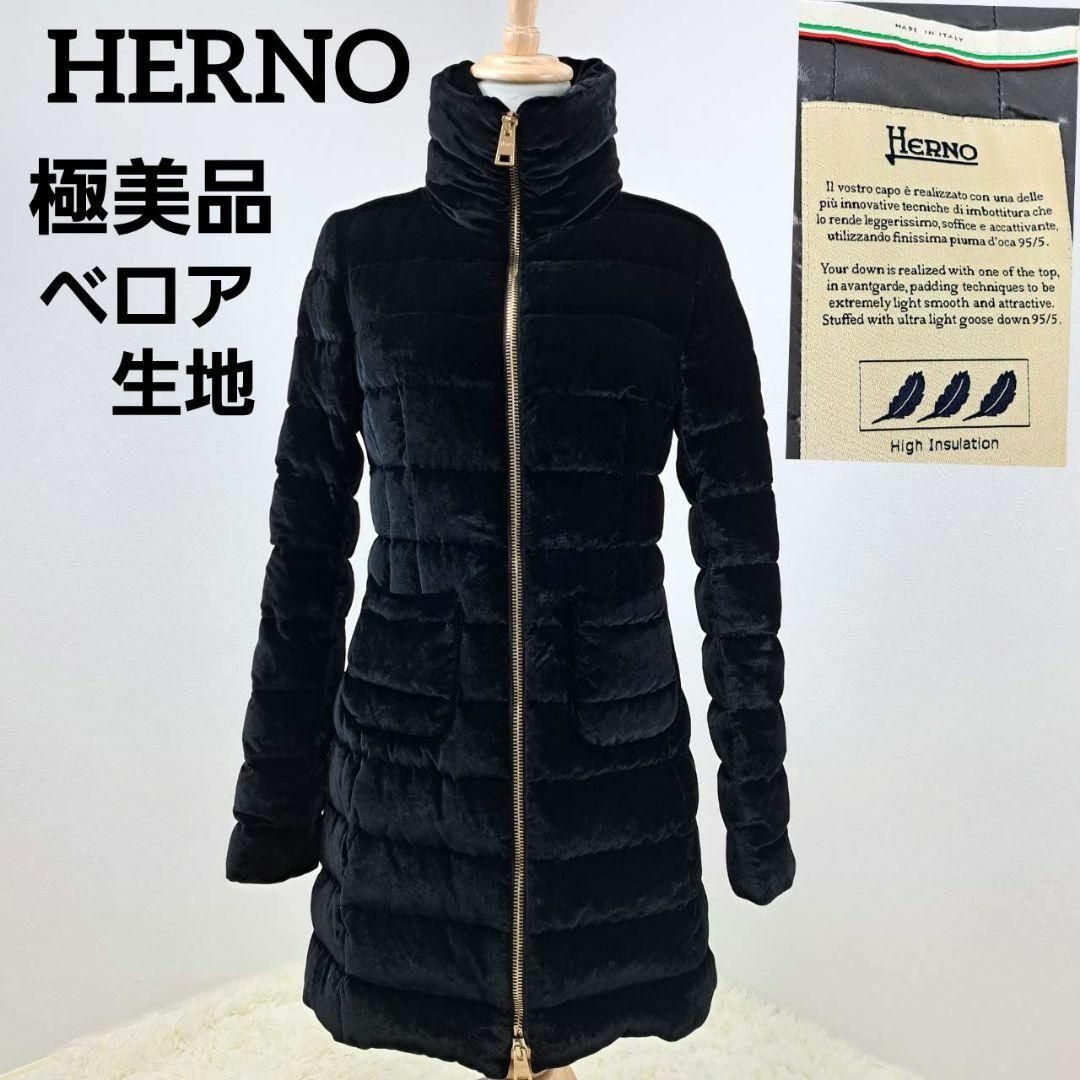 【極美品】HERNO ヘルノ ダウンコート　シルク混　ベロア生地　ブラックレディース