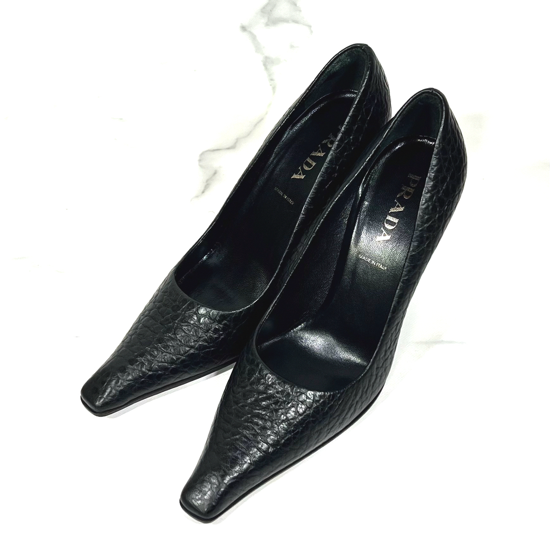 【美品】PRADA ビジュー 取り外し 2way レザーパンプス 黒 22.5