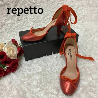 レペット(repetto)の【超希少】レペット　ヒール　リボン　ストラップ　　オレンジ　赤　35　22cm(ハイヒール/パンプス)