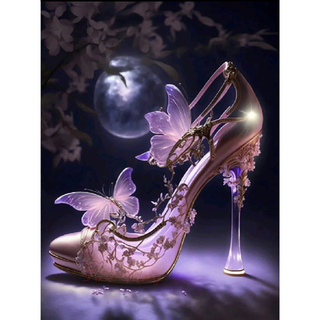 ダイヤモンドアート ガラスの靴 ヒール ピンク 紫 蝶々(アート/写真)