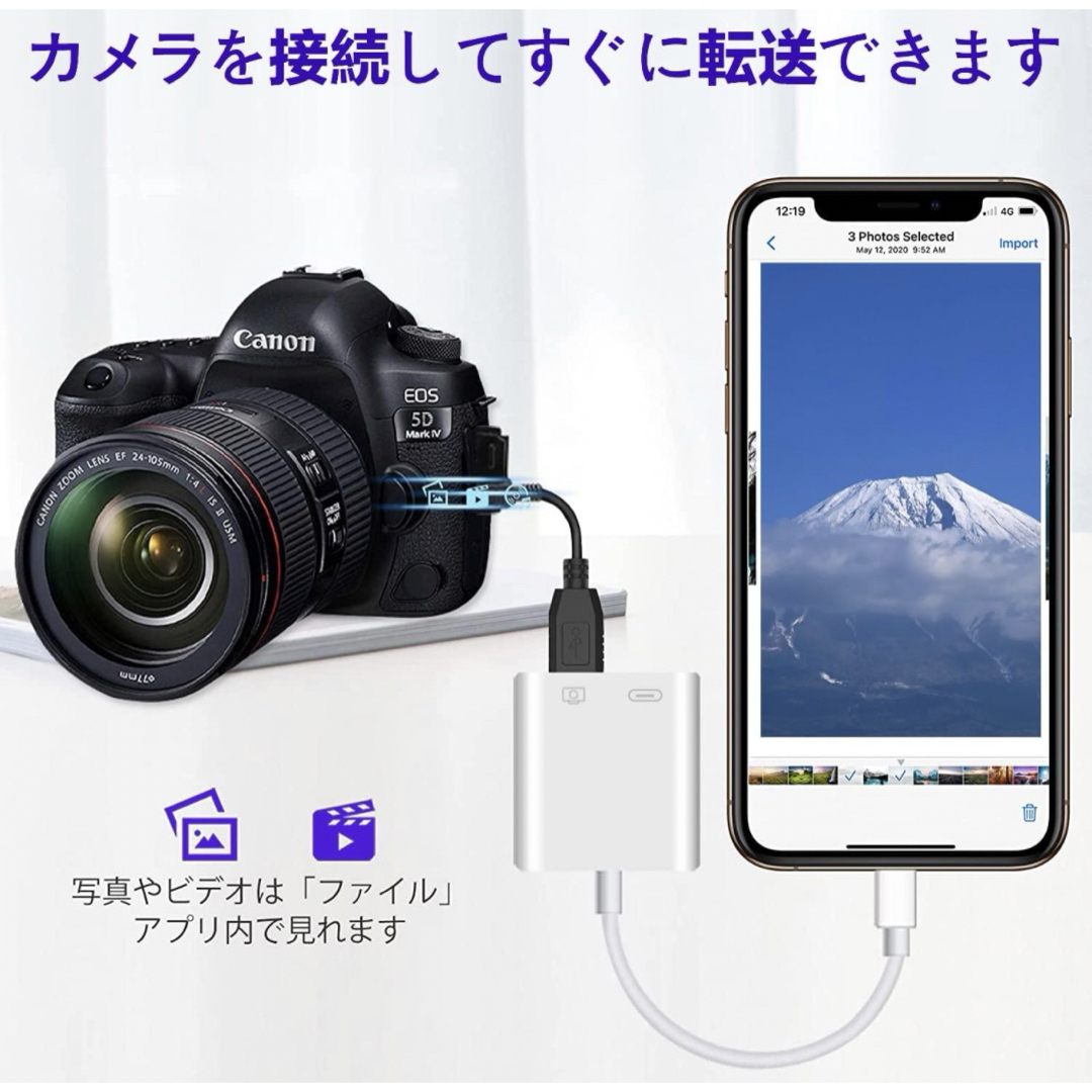 iPhone USBカメラ変換アダプタ カメラリーダー Lightning スマホ/家電/カメラのスマホアクセサリー(その他)の商品写真