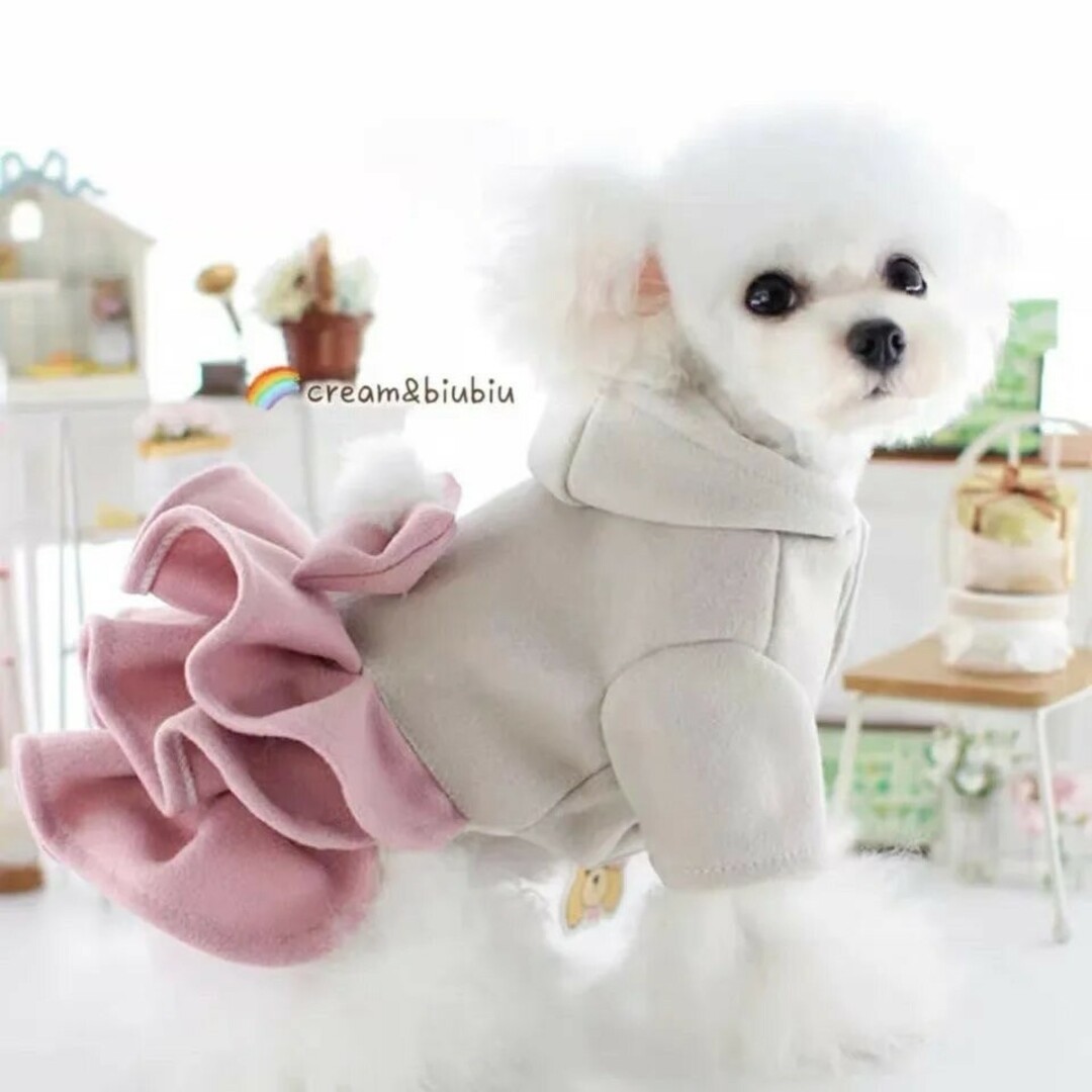★セール★ 可愛い 小型犬 フード 帽子 リボン ワンピース 防寒 ピンク M ハンドメイドのペット(ペット服/アクセサリー)の商品写真
