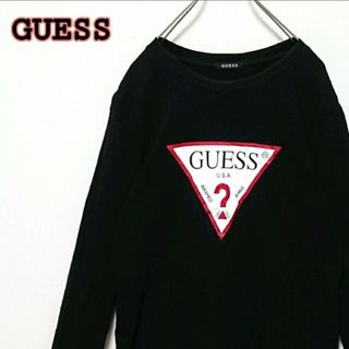 ゲス(GUESS)のゲス フロント プリント デカ ロゴ ブラック 長袖 Tシャツ(Tシャツ/カットソー(七分/長袖))