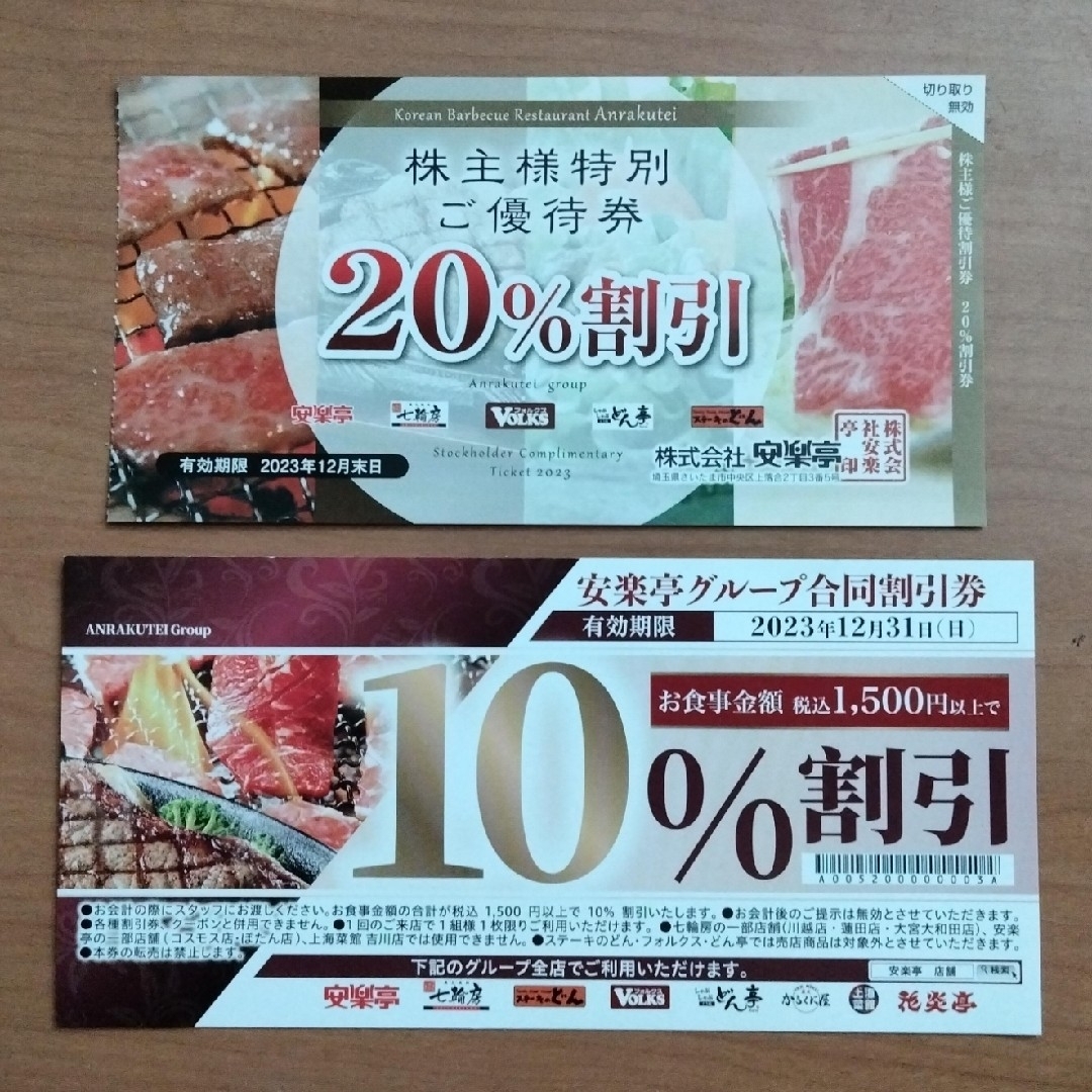 安楽亭20%割引券と10%割引券 - 割引券