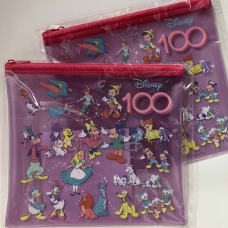 新品 2枚セット フラットファスナーポーチ ピンク ディズニー100周年一番くじ(ポーチ)