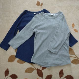 ユニクロ(UNIQLO)のUNIQLOユニクロ/ワッフル生地カットソー/七分袖/M/紺灰/2枚セット(Tシャツ/カットソー(七分/長袖))