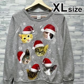 スウェット　グレー　XL　裏起毛　猫　キャット　クリスマス　アニマル　USA古着(トレーナー/スウェット)