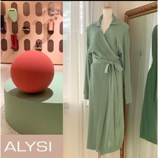 美品 ALYSI カシュクール ラップ ニット ミディワンピース S グリーン(ロングワンピース/マキシワンピース)