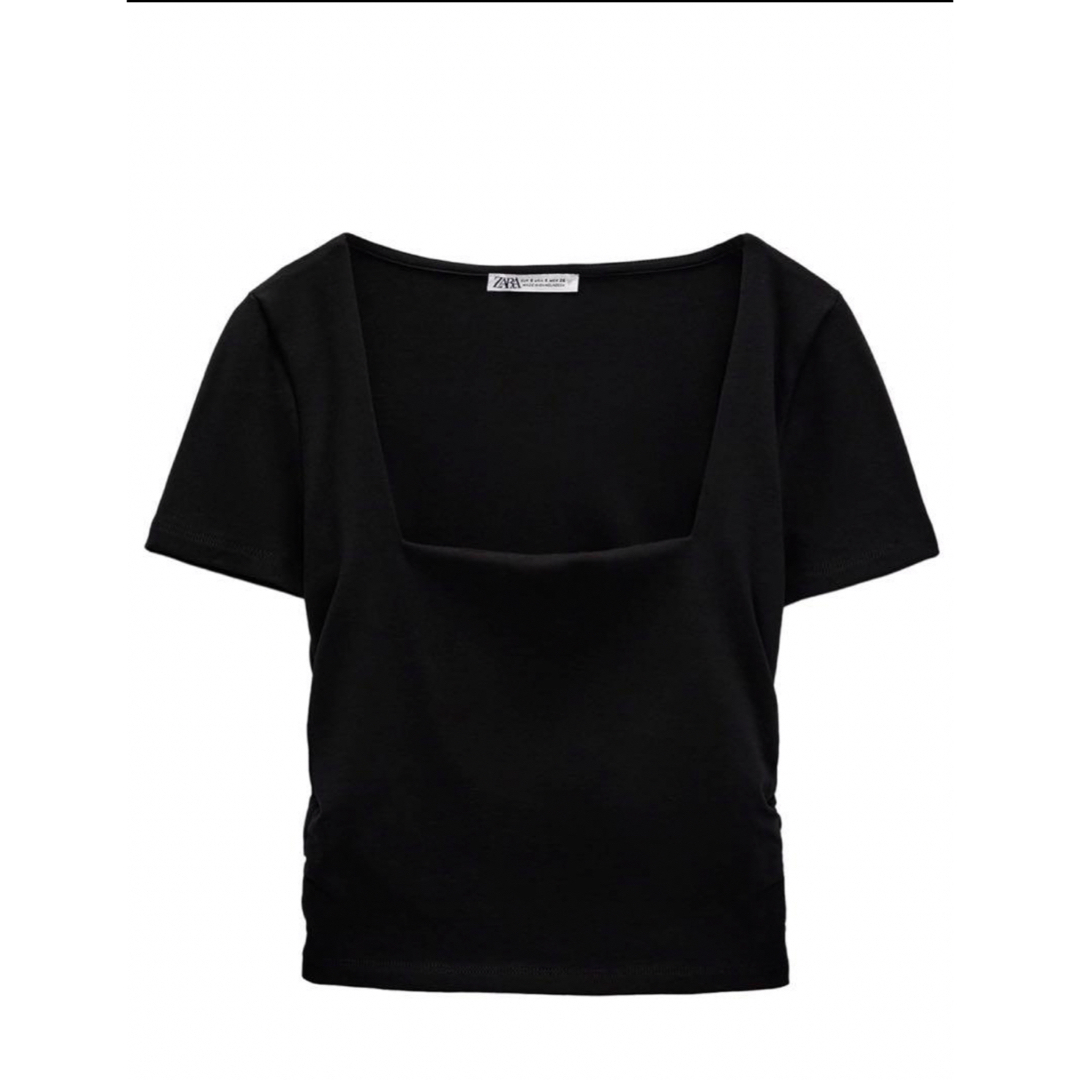 ZARA(ザラ)のZARA サイドギャザー入りTシャツ　M 未使用　黒 レディースのトップス(Tシャツ(半袖/袖なし))の商品写真