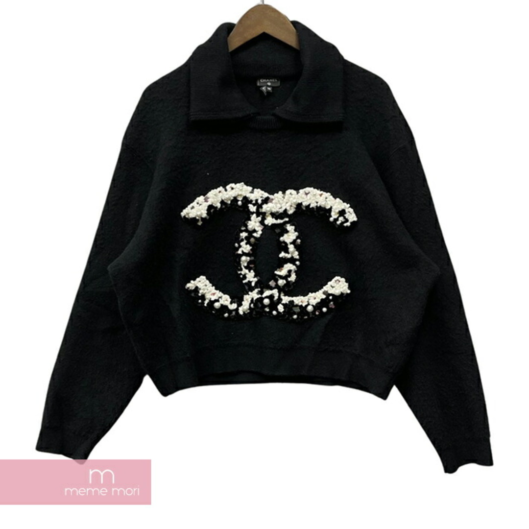 CHANEL Cashmere Sweater P73253K10535 シャネル カシミヤセーター ニット ココマーク ロゴ 襟後付け パール装飾 ブラック サイズ50【231125】【-A】【me04】メンズ