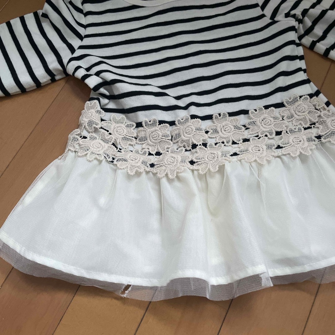 難あり×110㎝チュール付きボーダーカットソー キッズ/ベビー/マタニティのキッズ服女の子用(90cm~)(Tシャツ/カットソー)の商品写真