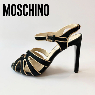 モスキーノ(MOSCHINO)の美品 MOSCHINO モスキーノ ベロア サンダル36 ブラック ゴールド(サンダル)