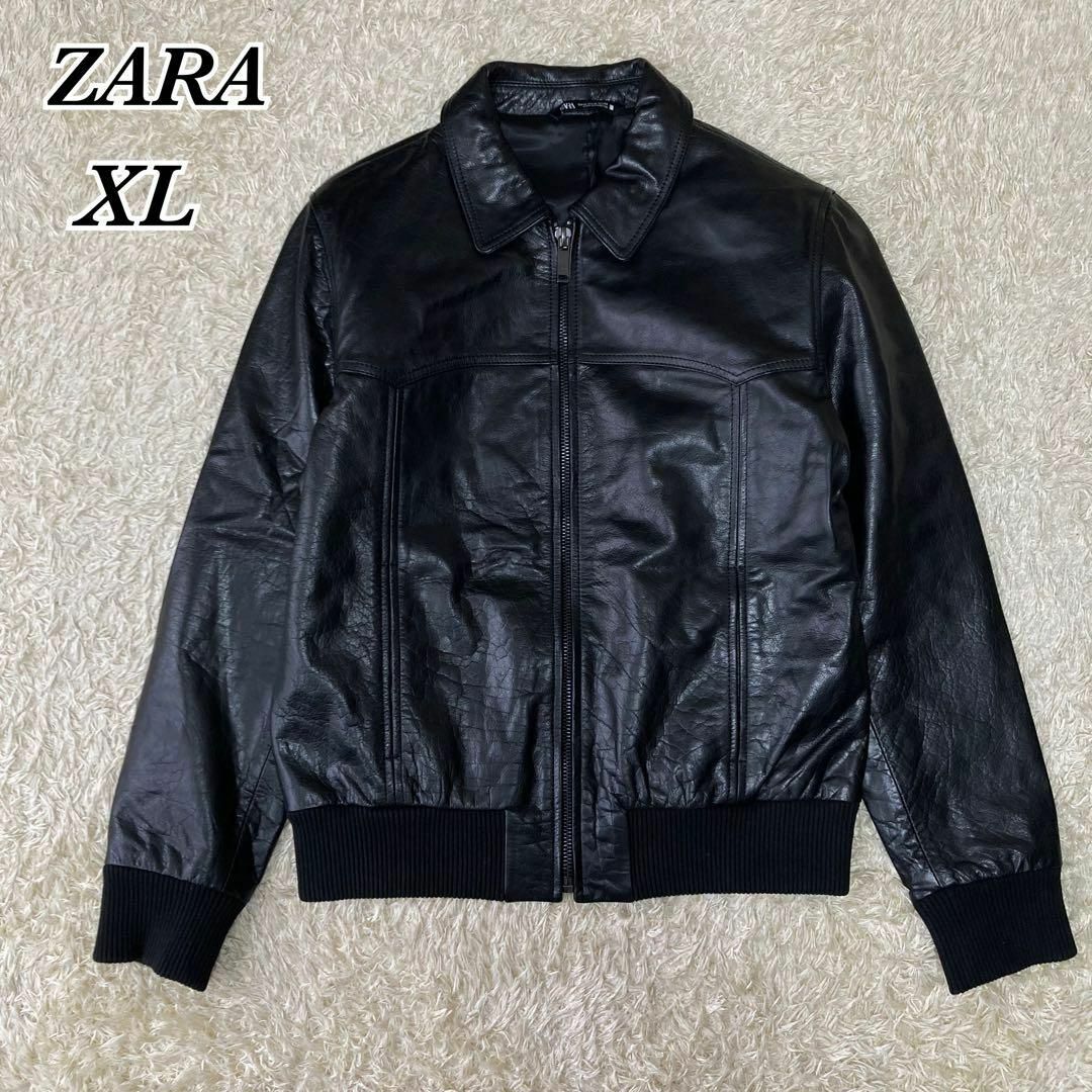 ZARA ザラ 本革 レザー ダブルライダースジャケット シボ加工 ブラック M-