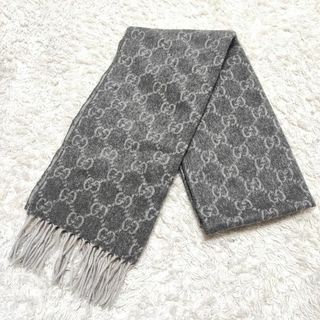 グッチ(Gucci)の【極美品】グッチ カシミヤ100％ GG柄 フリンジストール マフラー グレー(マフラー)