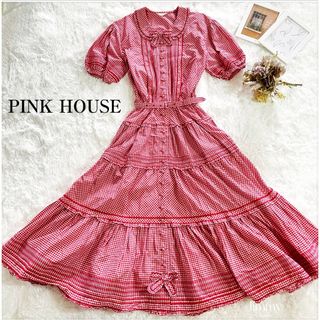 ピンクハウス(PINK HOUSE)の【PINK HOUSE】ピンクハウス　赤チェック柄　リボンフリルロングワンピース(ロングワンピース/マキシワンピース)