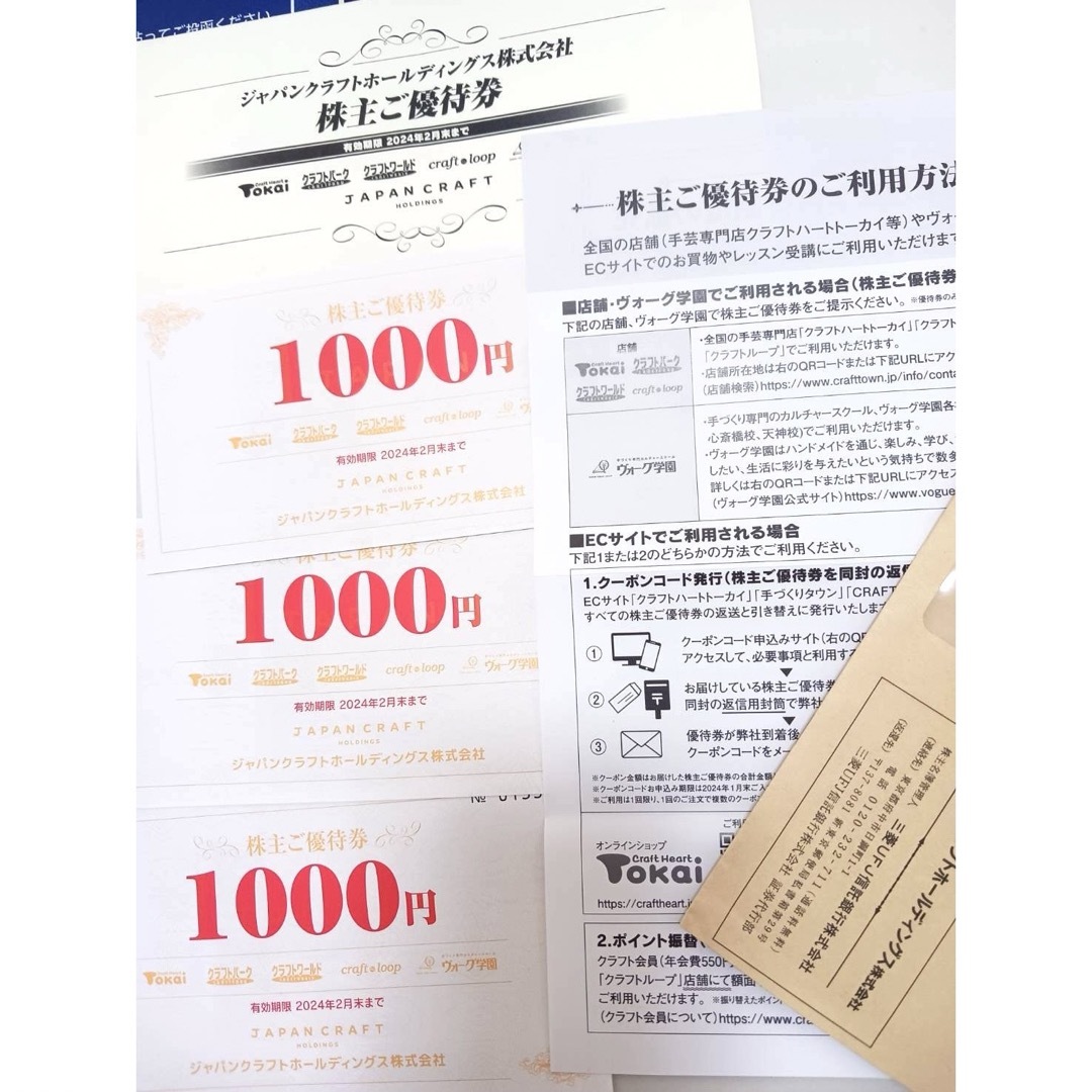 ジャパンクラフト株主優待券3000円分 チケットの優待券/割引券(ショッピング)の商品写真