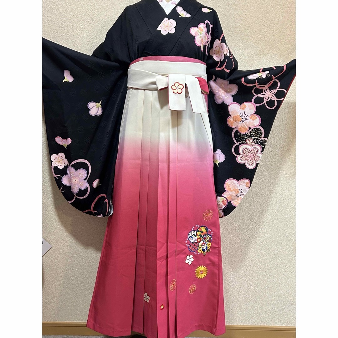 娘袴袴3点セット　二尺袖　袴　半幅帯　成人式　卒業式　黒色　ピンク色