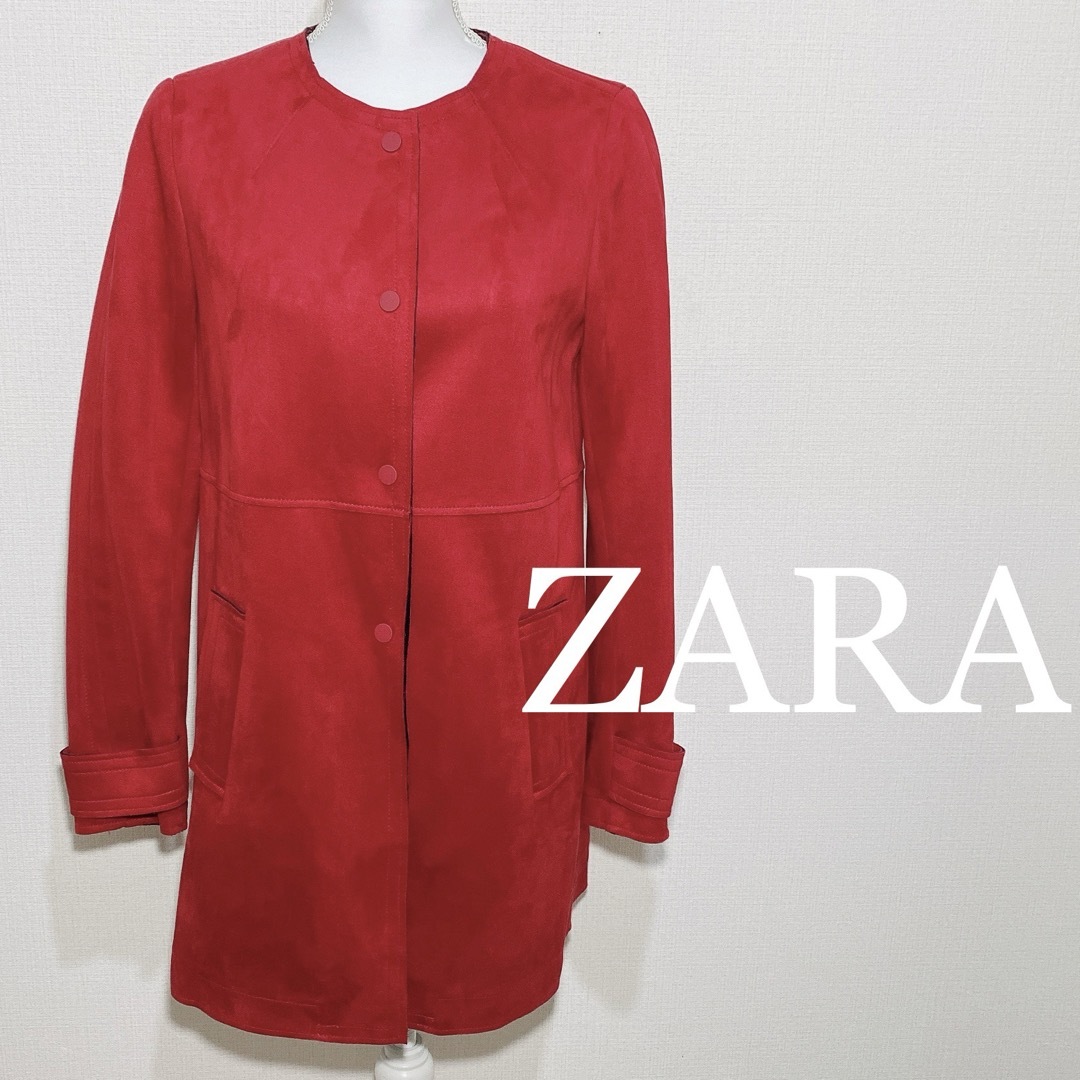 ZARA(ザラ)のZARA BASIC ザラ フェイクスエード レッド ノーカラーコート レディースのジャケット/アウター(ノーカラージャケット)の商品写真