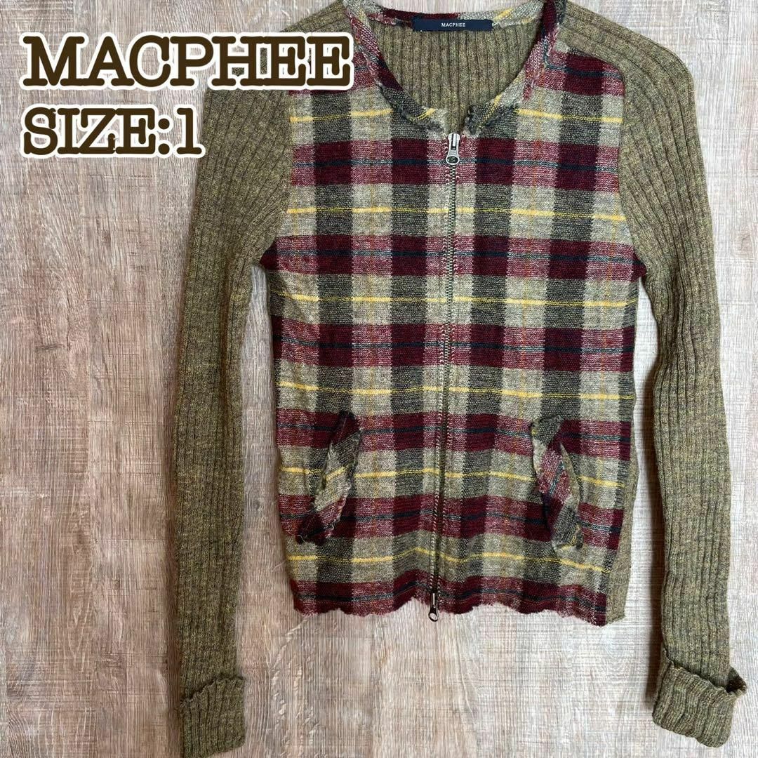 MACPHEE(マカフィー)のMACPHEE マカフィー　フルジップ　ニットカーディガン　カーキ×チェック　1 レディースのトップス(ニット/セーター)の商品写真