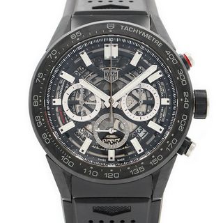 タグホイヤー(TAG Heuer)の内部点検済 TAG Heuer タグホイヤー カレラ キャリバー ホイヤー02 クロノグラフ CBG2A91 FT6173 デイト 100m防水 ブラック スケルトン チタン カーボン 純正ラバーベルト 純正尾錠 メンズ 自動巻き【6ヶ月保証】【腕時計】【中古】(腕時計(アナログ))