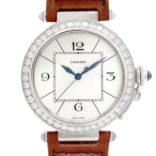 カルティエ(Cartier)のCartier カルティエ パシャ 42mm W3018751 30m防水 シルバー ギョーシェ K18WG ホワイトゴールド ラージダイヤベゼル 純正ベルト 純正K18尾錠 アフターダイヤモンド メンズ 自動巻き【6ヶ月保証】【腕時計】【中古】(腕時計(アナログ))