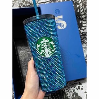 スターバックスコーヒー(Starbucks Coffee)のレア　海外限定　スターバックス　ブルー　ラインストーン　LOGO コールドカップ(タンブラー)