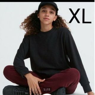 ユニクロ(UNIQLO)のユニクロ　ソフトニットフリースクルーネックT　XL ブラック(カットソー(長袖/七分))