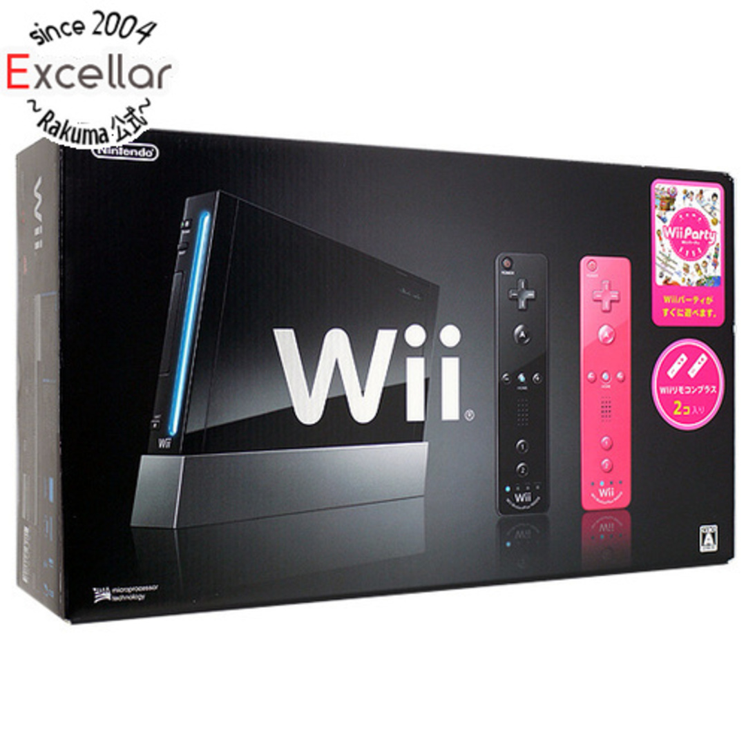 Wii(ウィー)の【新品(箱きず・やぶれ)】 任天堂　Wii本体 クロ リモコンプラス＆Wiiパーティ同梱 エンタメ/ホビーのゲームソフト/ゲーム機本体(家庭用ゲーム機本体)の商品写真