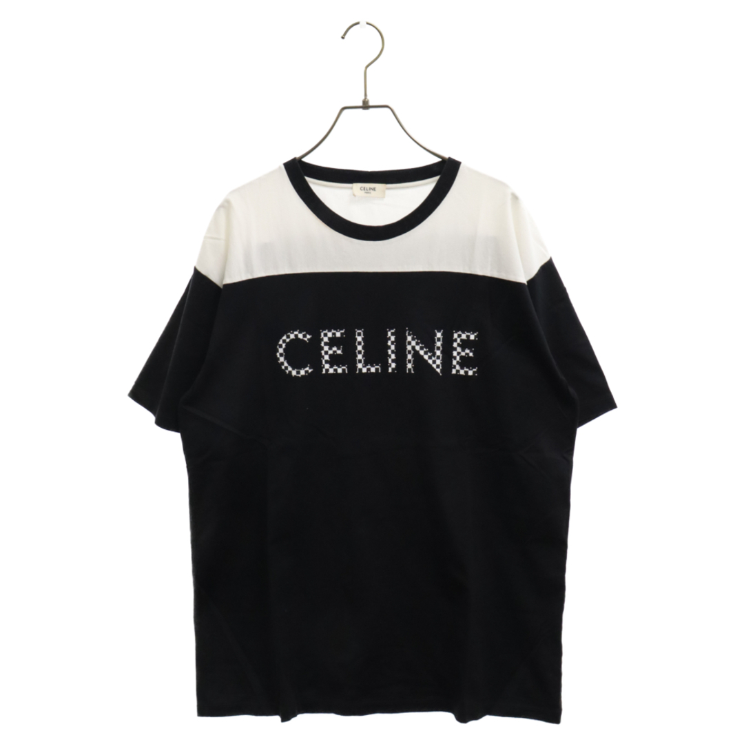 CELINE セリーヌ 21SS チェックプリントスタッズ付きバイカラールーズ半袖Tシャツ ブラック/ホワイト 2X839500O52センチ袖丈