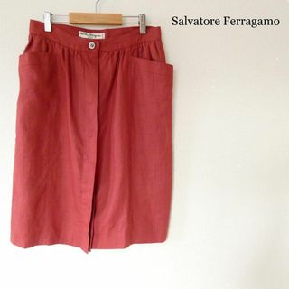 サルヴァトーレフェラガモ(Salvatore Ferragamo)の良品 サルヴァトーレフェラガモ リネン フロントボタン 膝丈 ミディ丈 スカート(ひざ丈スカート)