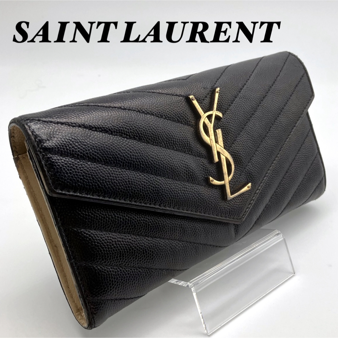 イヴ・サンローラン　長財布　折り財布　YSL　ツートン　黒　ブラック　ベージュ中古ブランドショップ状態