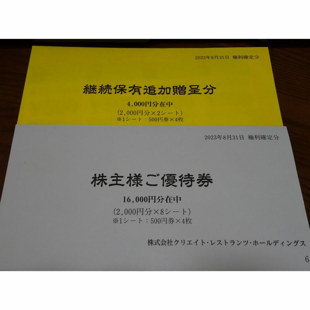 クリエイト・レストランツ株主優待券 20000円分 2024年5月31日までの