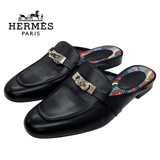 エルメス(Hermes)のエルメス HERMES オズ フラットシューズ 靴 シューズ レザー ブラック 黒 シルバー ミュール スリッパサンダル ケリー金具(ミュール)