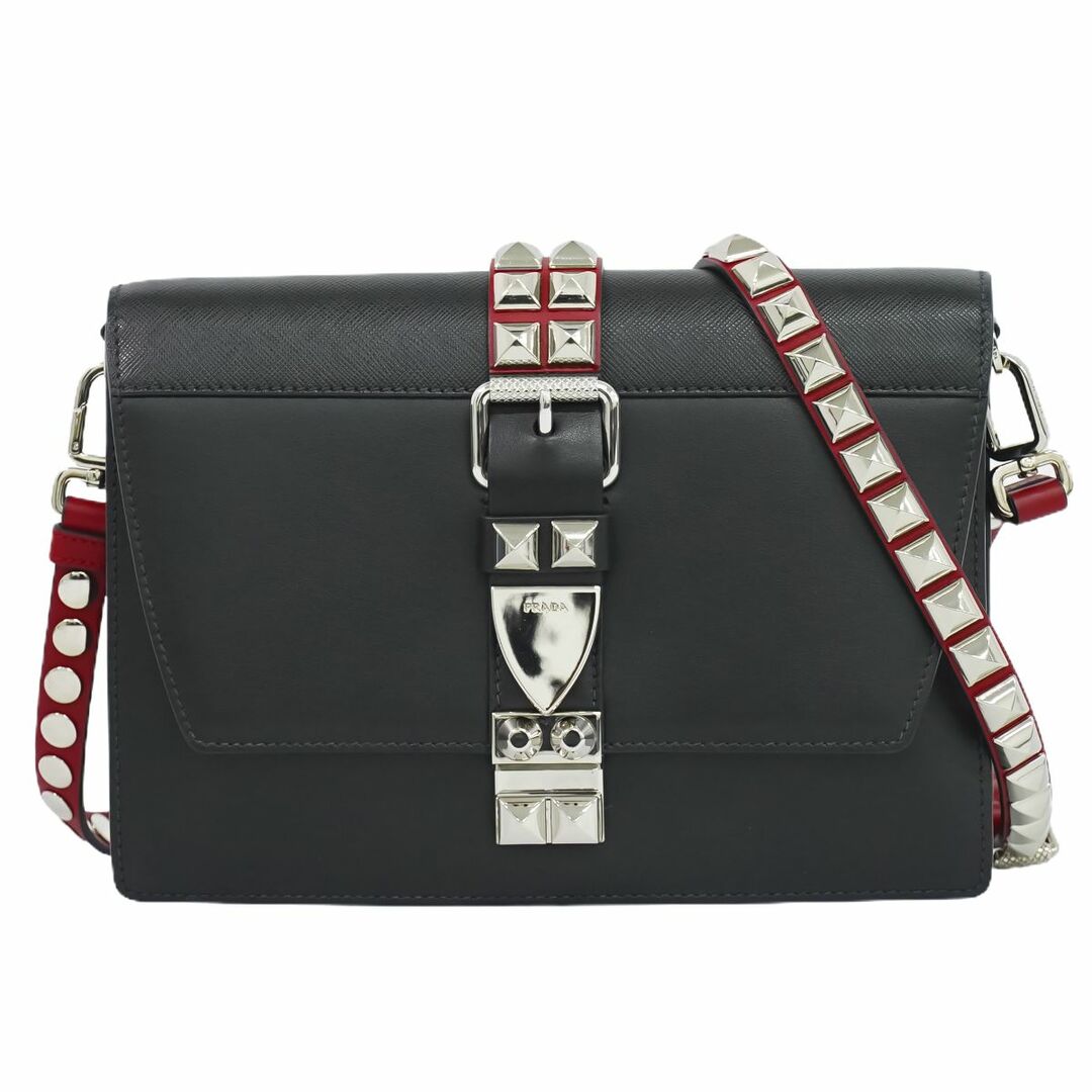 本物 プラダ PRADA スタッズ 2WAY ショルダーバッグ クラッチバッグ ポシェット レザー ブラック レッド 1BD120 バッグ 中古 |  フリマアプリ ラクマ