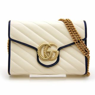 グッチ(Gucci)の美品 グッチ 長財布 GGマーモント チェーンウォレット 573807 アイボリー ネイビー GUCCI イタリア製 ダブルG キルティング ミニバッグ ショルダーバッグ クラッチ(財布)