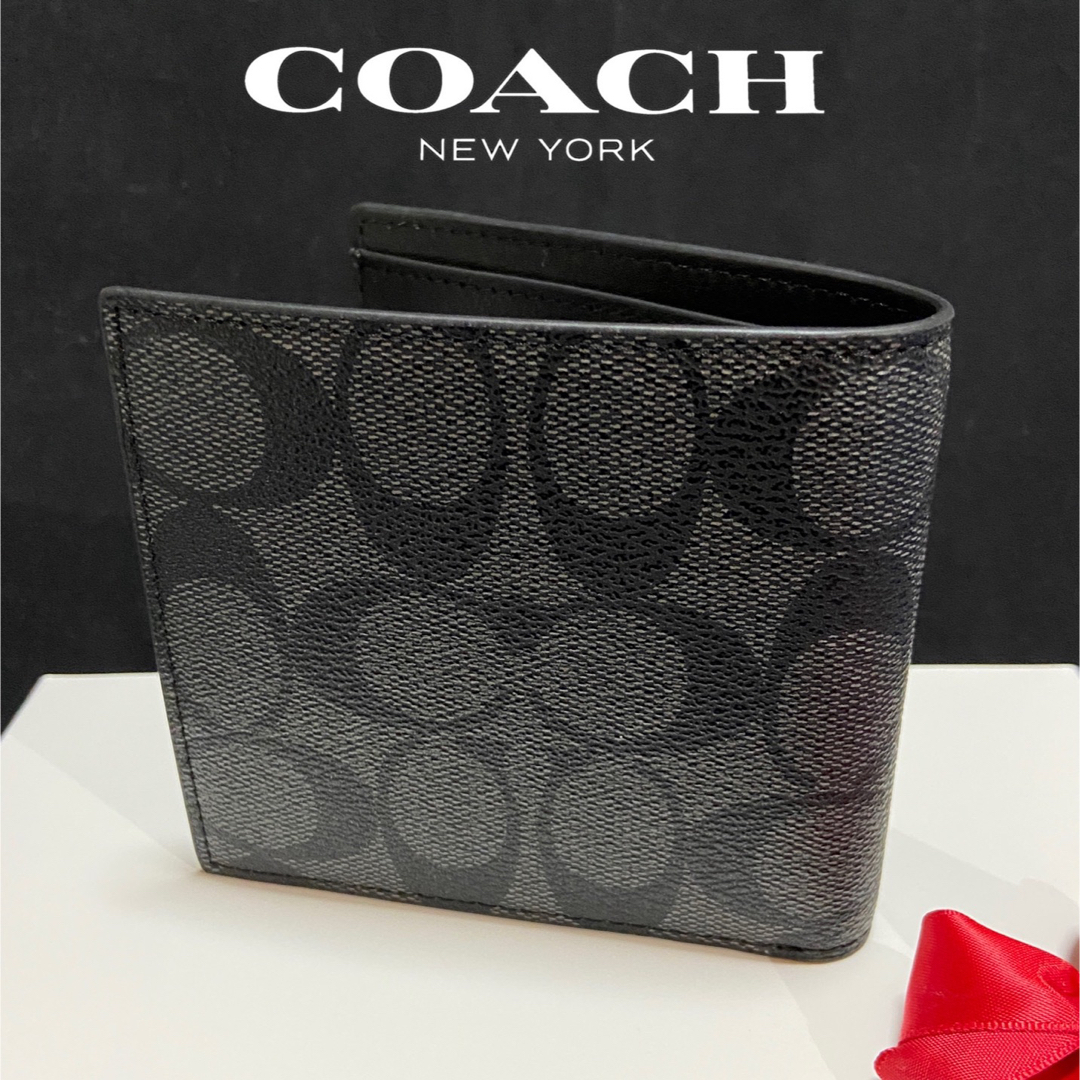 COACH - ギフト⭕️ コーチ 人気のブラックチャコール 二つ折財布の