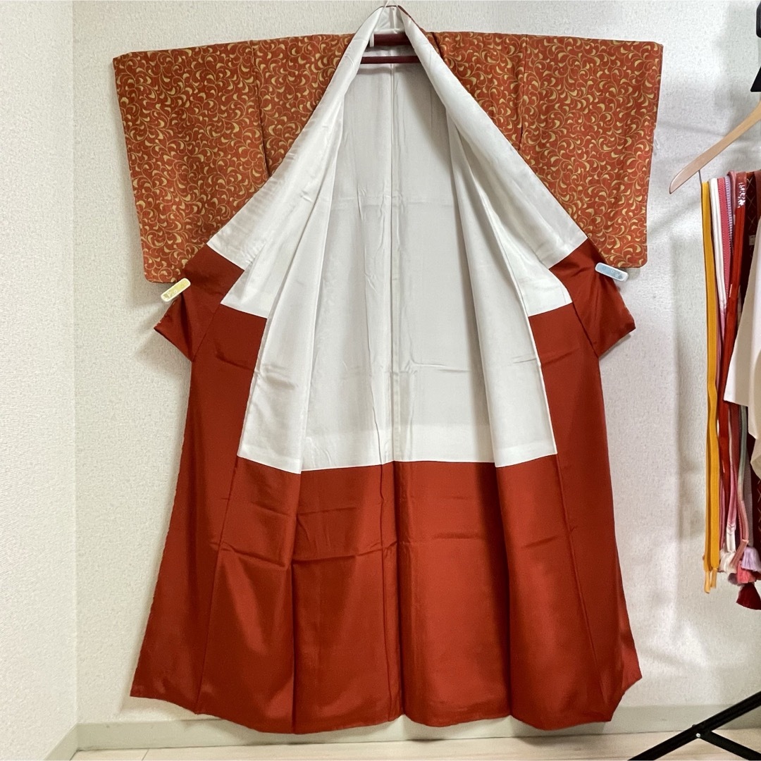 袷 正絹 小紋 着物 オレンジ 裄64  kimono 和服 呉服 和装 冬 春 レディースの水着/浴衣(着物)の商品写真