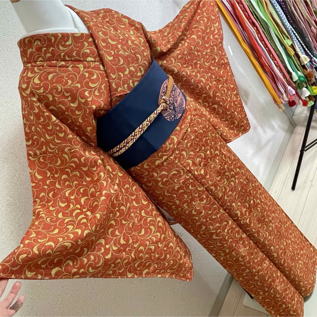 袷 正絹 小紋 着物 オレンジ 裄64  kimono 和服 呉服 和装 冬 春 レディースの水着/浴衣(着物)の商品写真